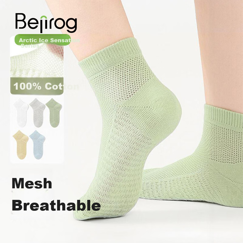 Bejirog Kids Summer Thin Mesh Socks 100% Cotton Breathable Antibacterial Odor-Resistant Mid-Calf Socks for Boys and Girls