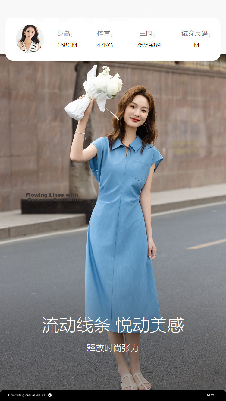 Demana [Dreamy Blue] Summer Elegant Lapel Sleeve Pleated Waist Slimming A-Line Dress for Women High-End Feel 9
