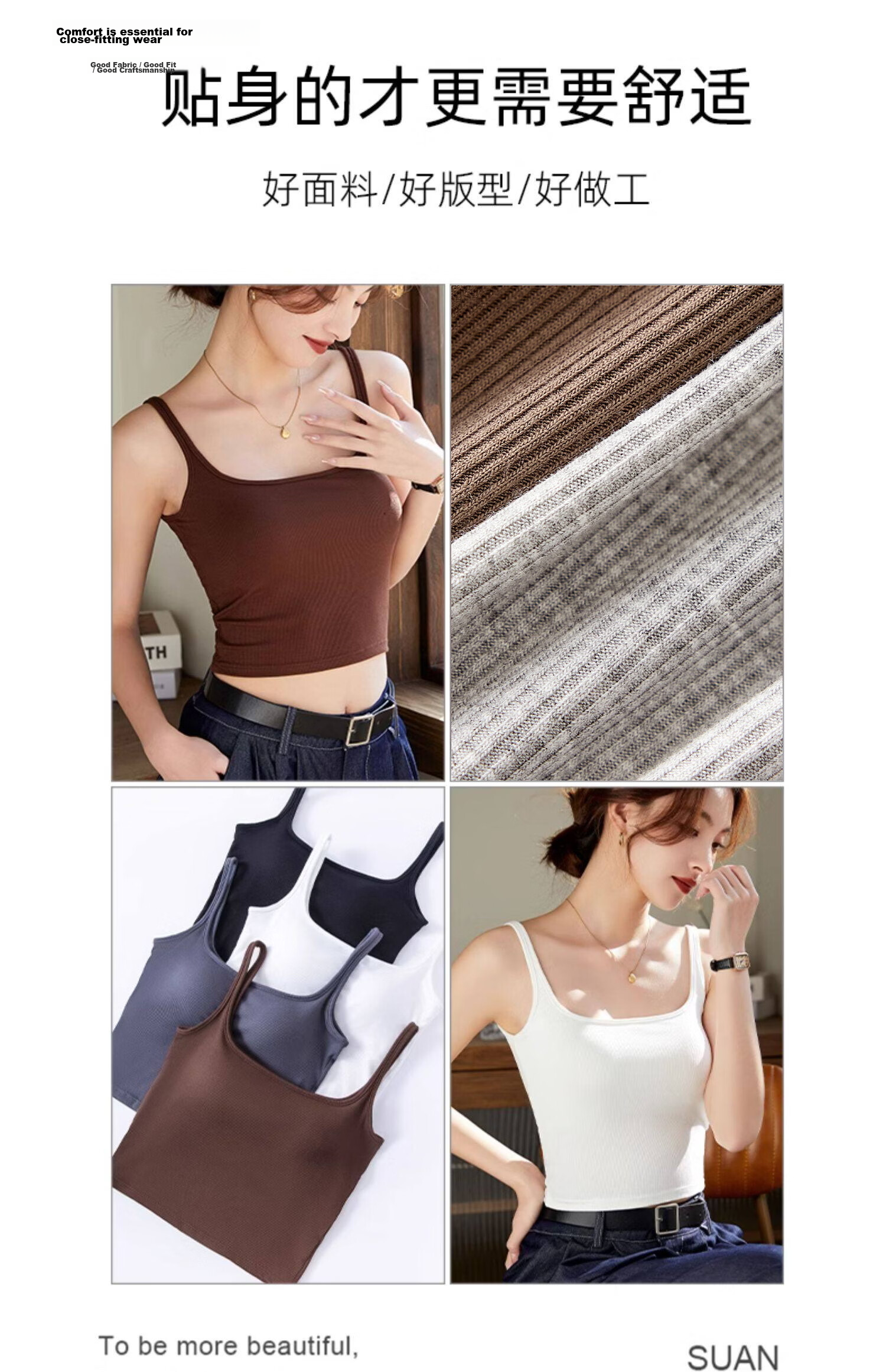 Borui Women's Ribbed U-Back Slim Strap Camisole with Built-in Padded Bra, Pure Desire Mid-Length Tank Top 12