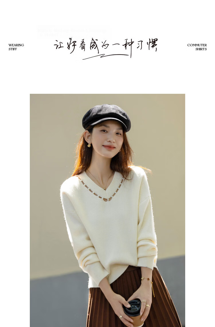 Demana [Lightwear Collection] Autumn Lady Style V-Neck Hollow Pearl Thread Drop Shoulder Slim Knit Sweater for Women 9