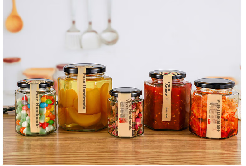 PINYU Glass Jar with Lid Food Grade Hexagonal Jam Chili Sauce Sealed Jar Honey Lemon Paste Grain Dry Goods Storage Container 14