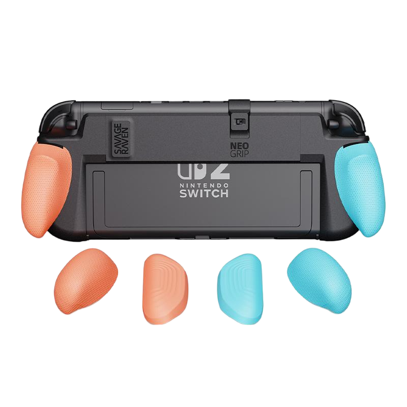Skull & Co. Switch2 Dedicated Protective Case, Compatible with Base, Ergonomic Design by Skulnco, Includes Three Grip Styles, Non-Blocking Stand, NeoGrip2 Blue-Red