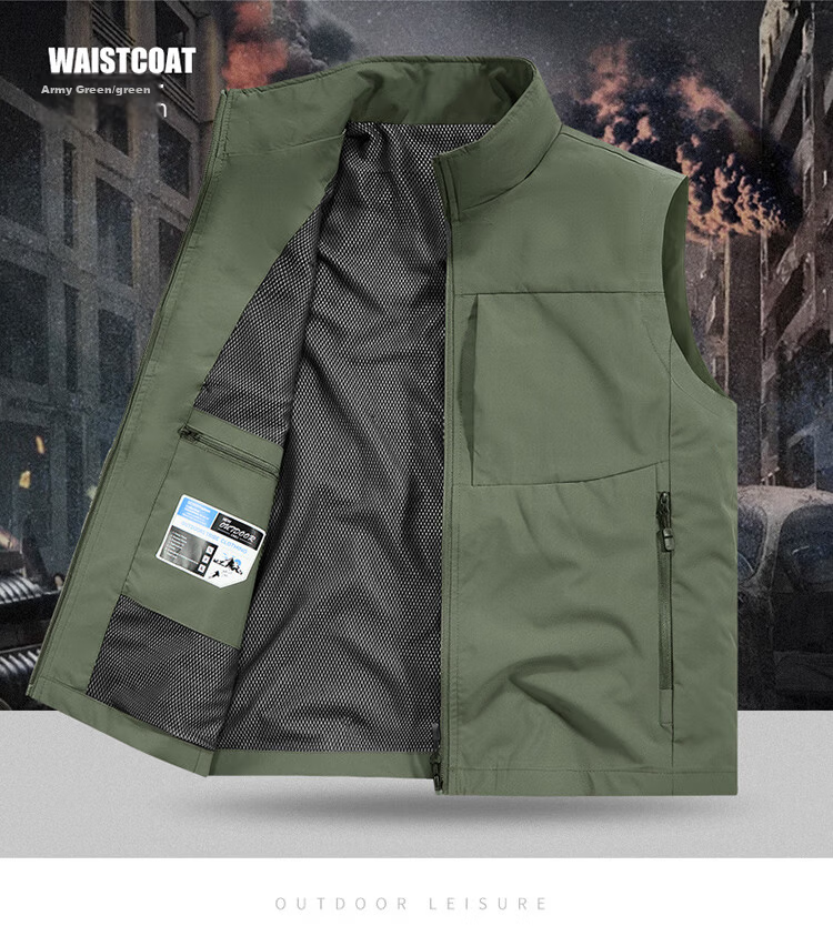 JEEP SPIRIT Men's Outdoor Casual Quick-Dry Vest Breathable Simple Stand Collar Photography Jacket Military Green M 13