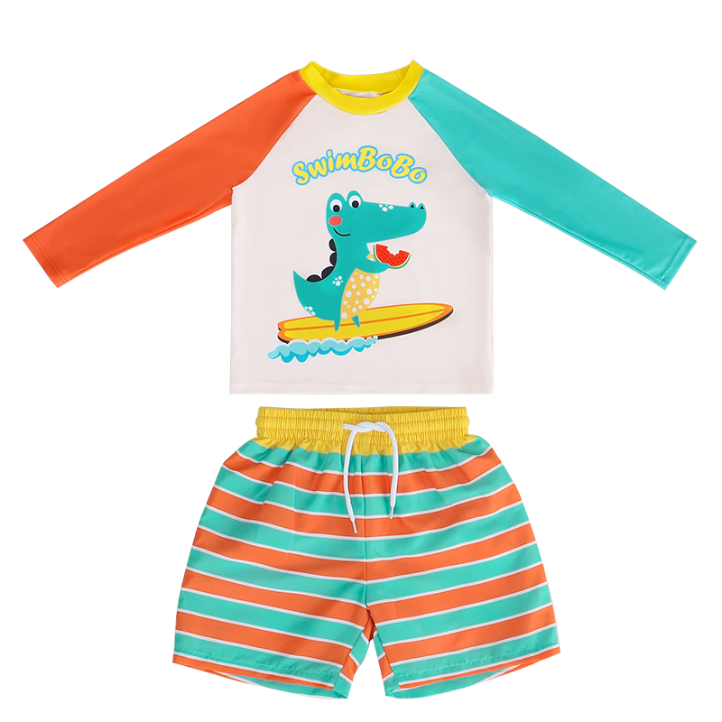 Swimbobo Children's Two-Piece Swimsuit for Boys, Cartoon Crocodile Design, Long-Sleeve Swimwear, Beginner Swimming Gear, Size 100