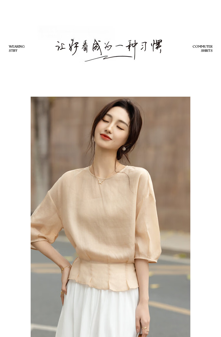 Demana [Ramie Lyocell Blend] Summer Elegant Round Neck Tie Loose Slimming Concealing Shirt for Women High-End Feel 10
