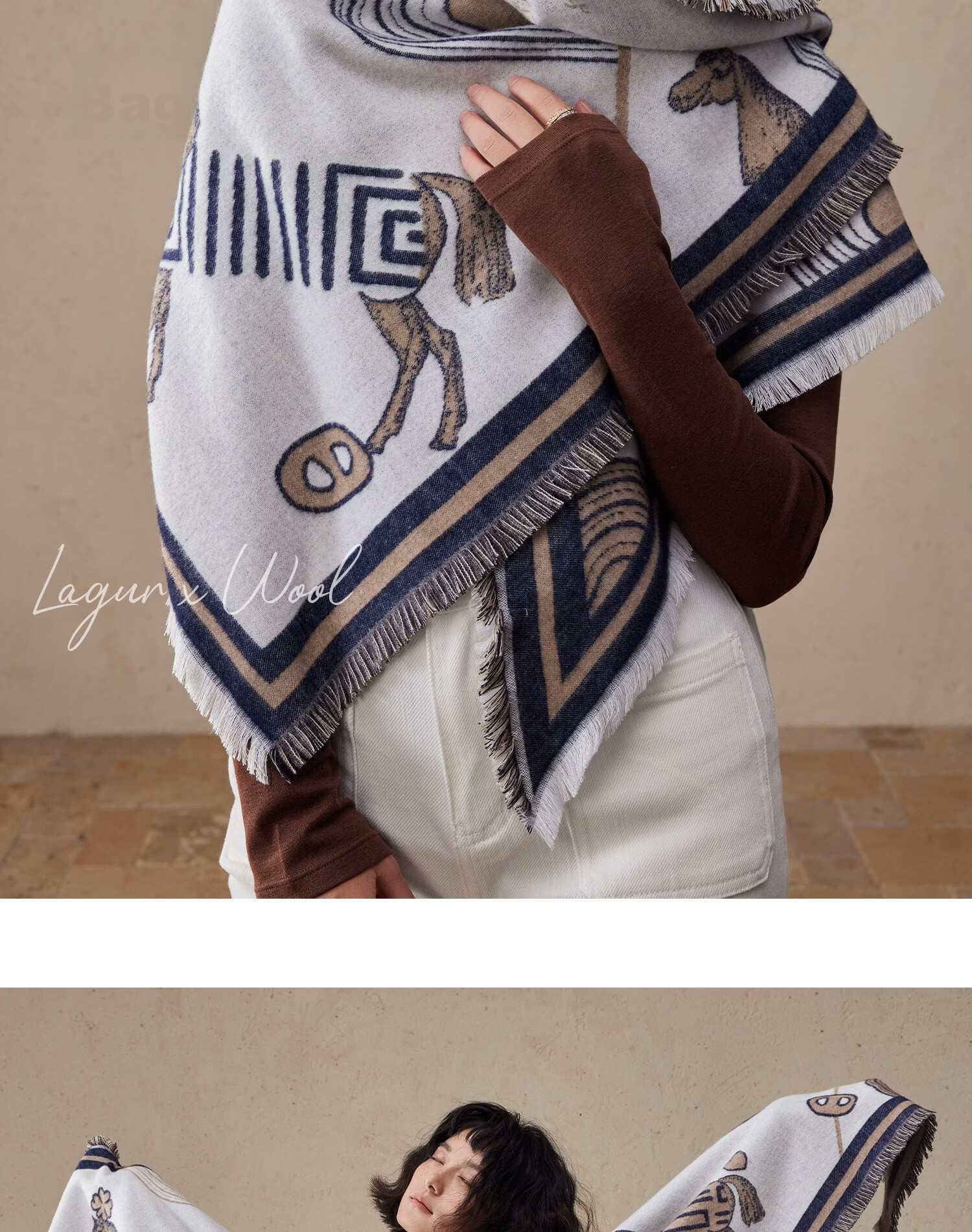 Lagur Minimalist Horse Fine Wool Blend Triangle Scarf Air Conditioning Room Shawl Versatile Women's Neck Warmer Minimalist Beige 22