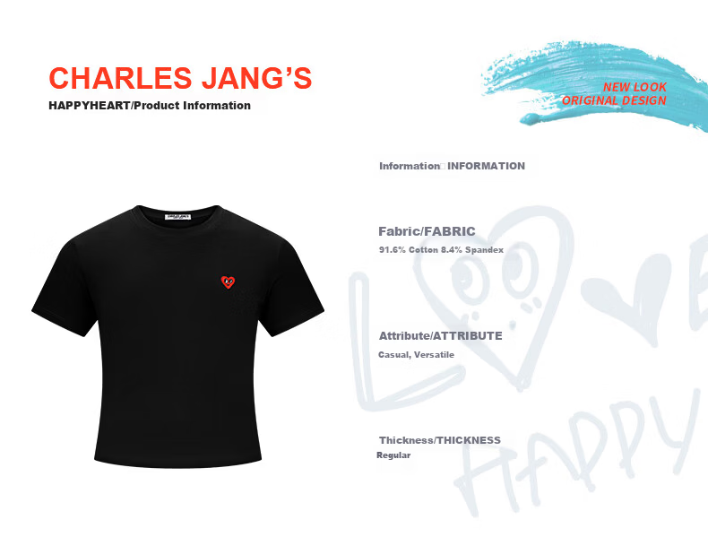 Charles Peach Heart [Wang Churan Same Style] Summer New Short Sleeve T-Shirt Women's Slim Fit Waist White XXF 7