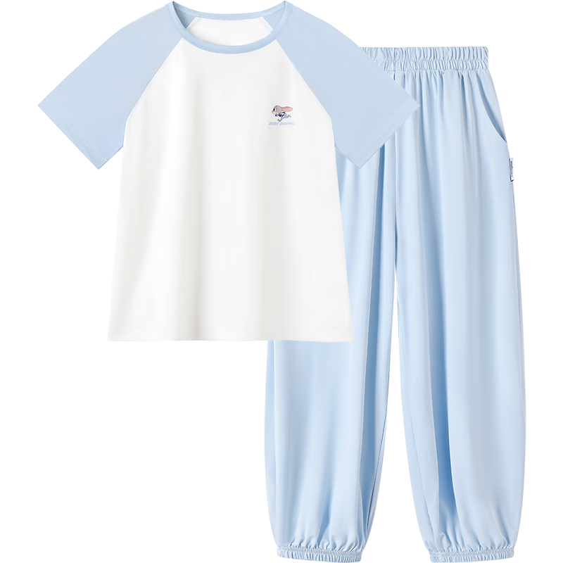 Disney Girls' Ice Silk Cooling Sun Protection Set Summer Raglan Sleeve T-Shirt and Jogger Mosquito-Repellent Pants Sports Set Blue Size 150