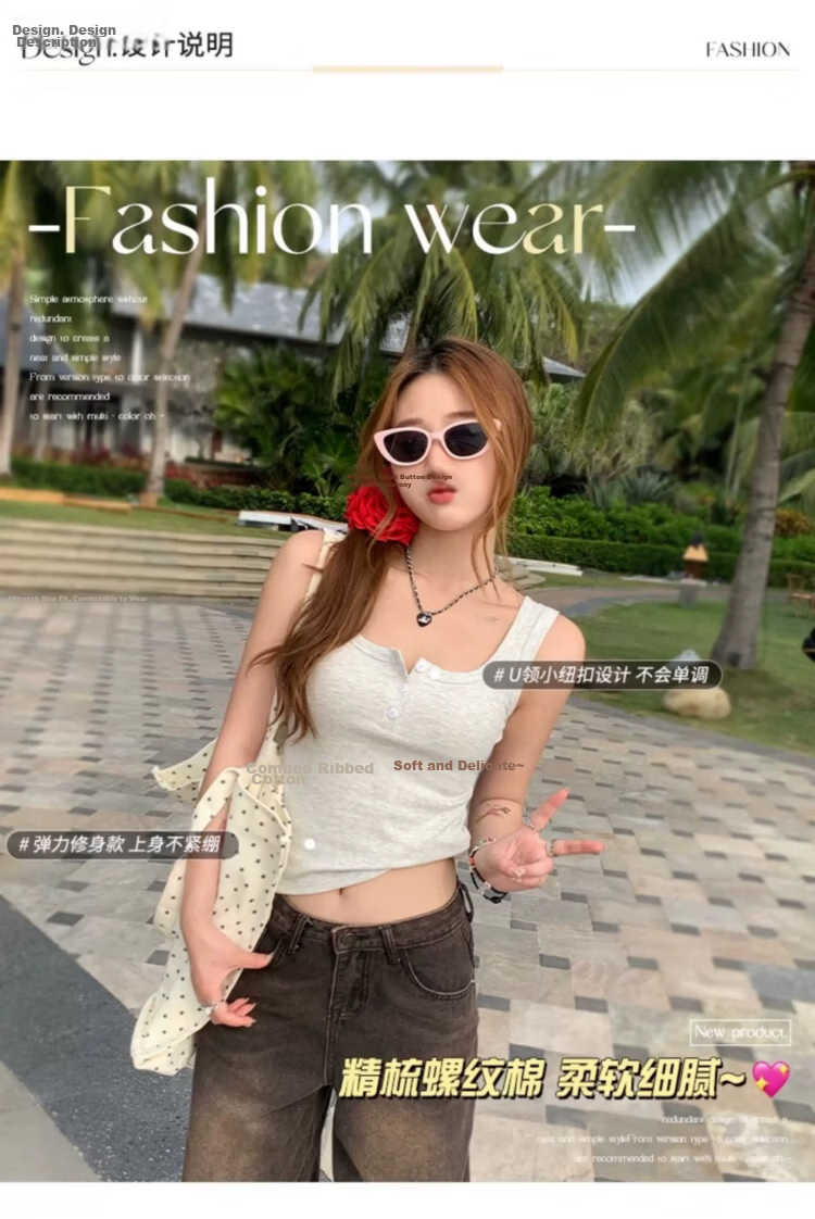 Langsha Spicy Girl American Style Ribbed Button Slim Fit Tank Top for Women 3