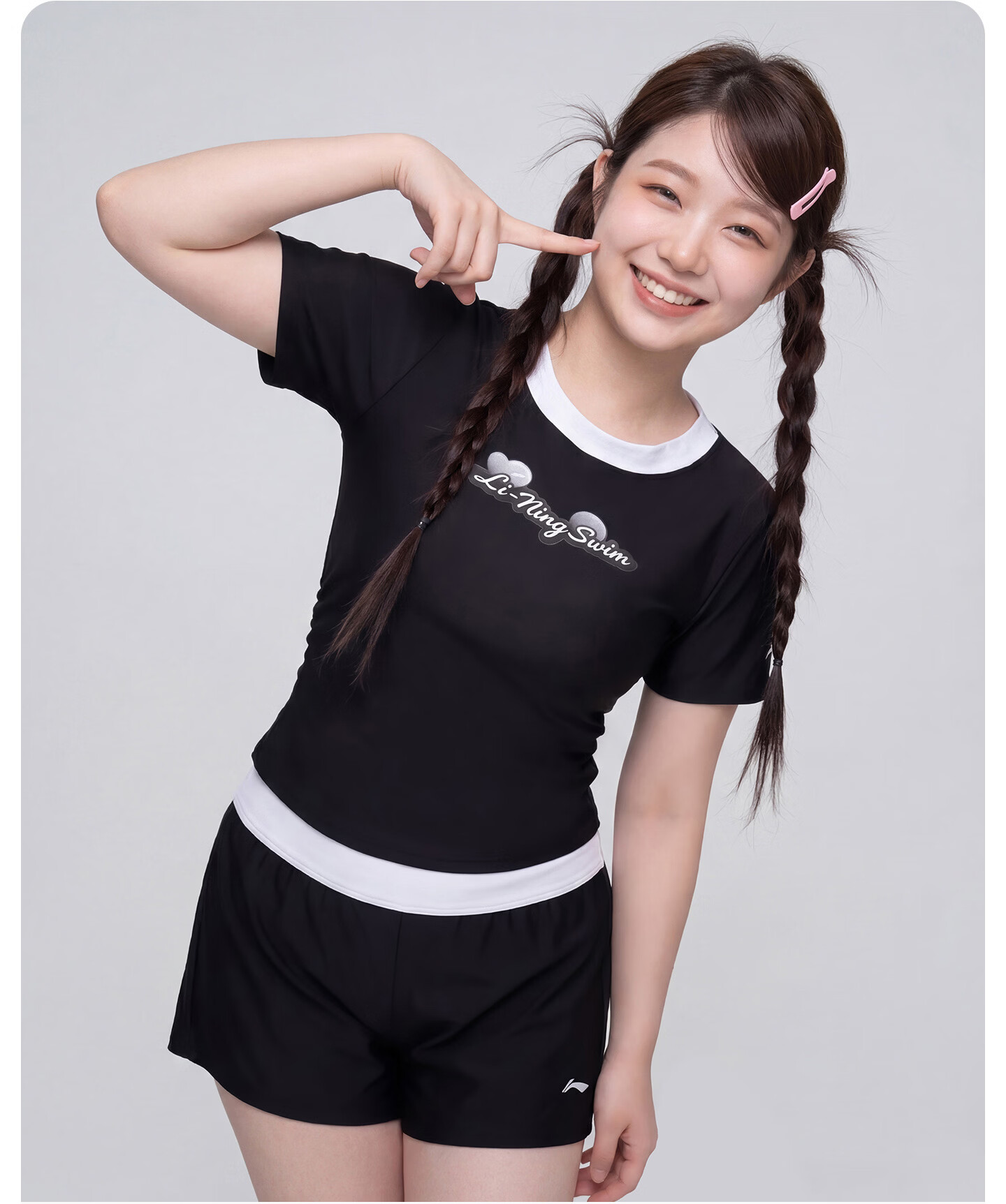 LI-NING Women's Short Sleeve Plus Size Two-Piece Swimsuit Swimwear Swim Shorts Hot Spring Slimming Tummy Control 1461 Black 4XL 6