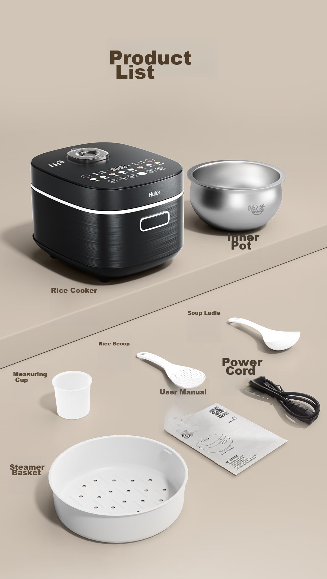 Haier Fashion Rice Cooker with Titanium 0 Coating IH 3D Heating Stainless Steel Smart WiFi Control 4L for 4-5 People HRC-I44YGU1 24