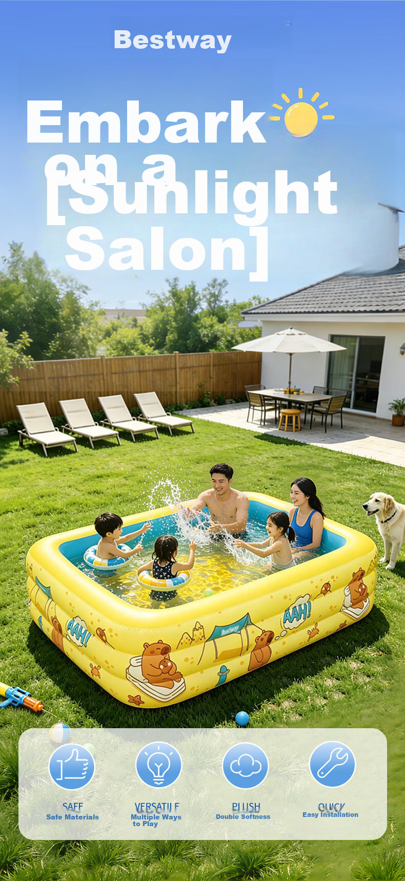 Bestway JD Exclusive Inflatable Swimming Pool Indoor Outdoor Thickened Foldable Kids Toy Blue Frog 2.6m 2