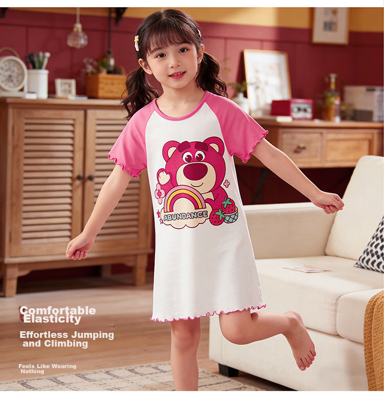 Disney Official Cartoon Summer New Breathable Modal Girls' Princess Home Sleep Dress Strawberry Pattern 8