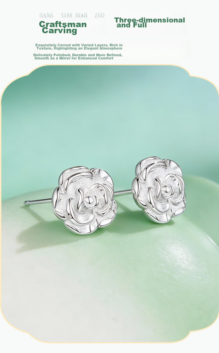 Chinese Jewelry Pure Silver Camellia Stud Earrings for Women 925 Silver Earrings Jewelry Qixi Valentine's Day Gift for Girlfriend Wife Birthday 5