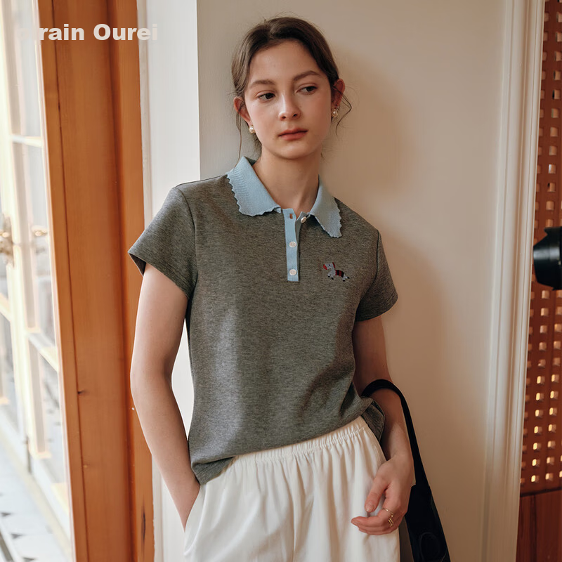 Olrain Colorblock Wave Edge Polo Collar Design T-Shirt Women Summer Short Sleeve Top Gray XL