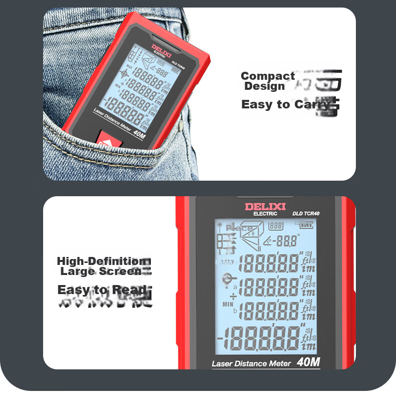 DELIXI ELECTRIC Laser Distance Meter with Crosshair, Tape Measure, Multifunctional Electronic Ruler, Lithium Battery, Red Light, 100m 16