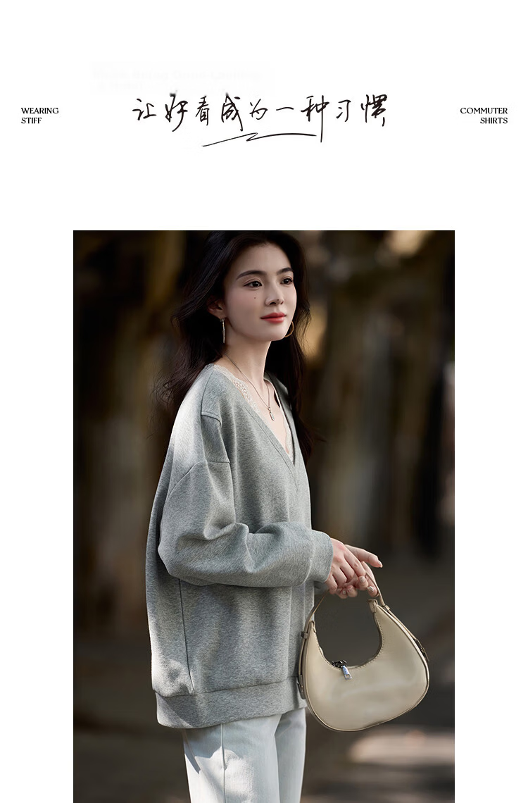 Dme 【Q】Spring Korean Style Lace Splice V-Neck Drop Shoulder Long Sleeve Petite Sweatshirt for Women 9