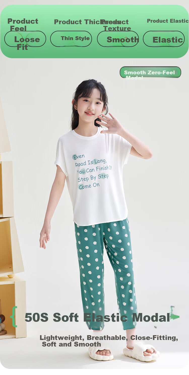 Hodohome Modal Girls' Summer Short Sleeve Pajama Set Breathable Soft Stretch Cute Print Homewear 1