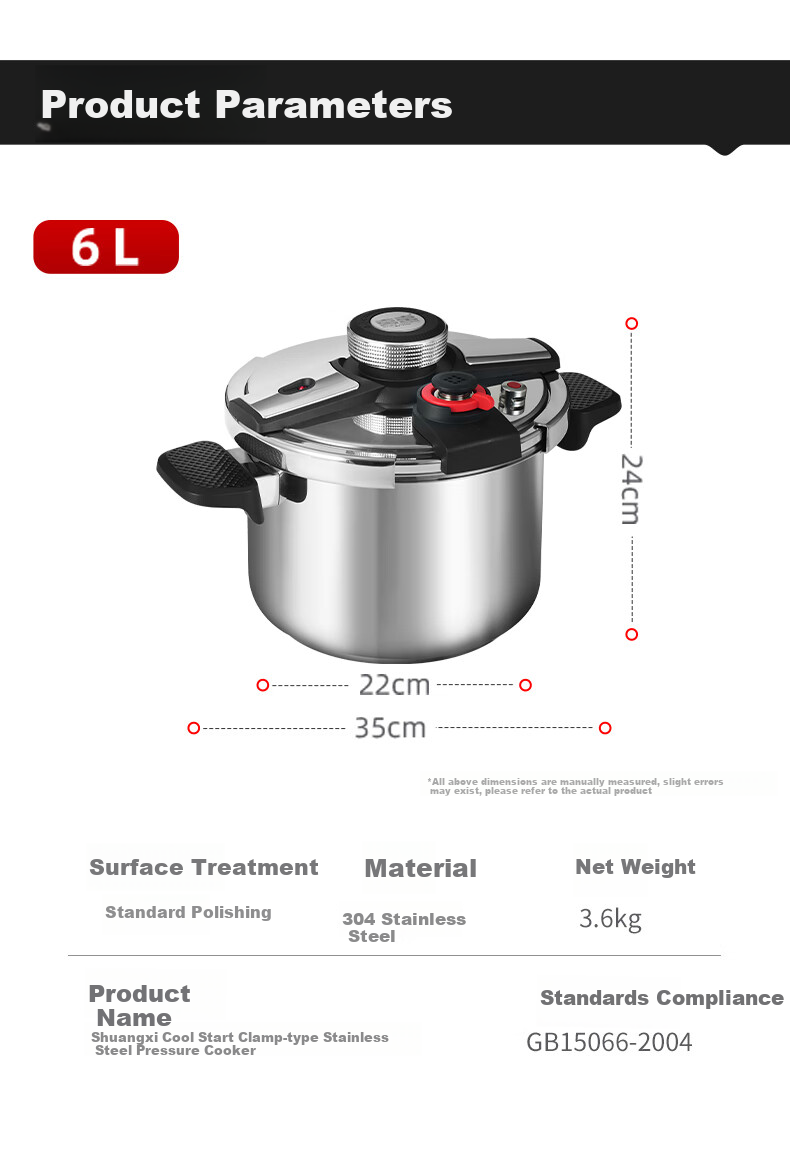 Double Happiness High-Pressure Cooker 304 Stainless Steel Gas and Induction Cooker Compatible Explosion-Proof Pressure Cooker 22CM/6L Single-Handed Adjustable Pressure 10