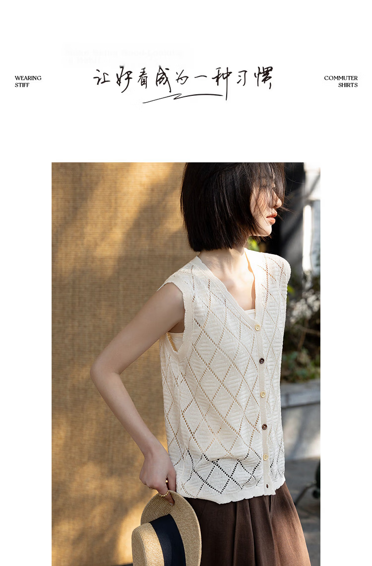 Demana [With Mulberry Silk/Sheep Wool] Summer V-Neck Diamond Pattern Hollow Jacquard Sleeveless Knit Top for Women Premium Feel 10