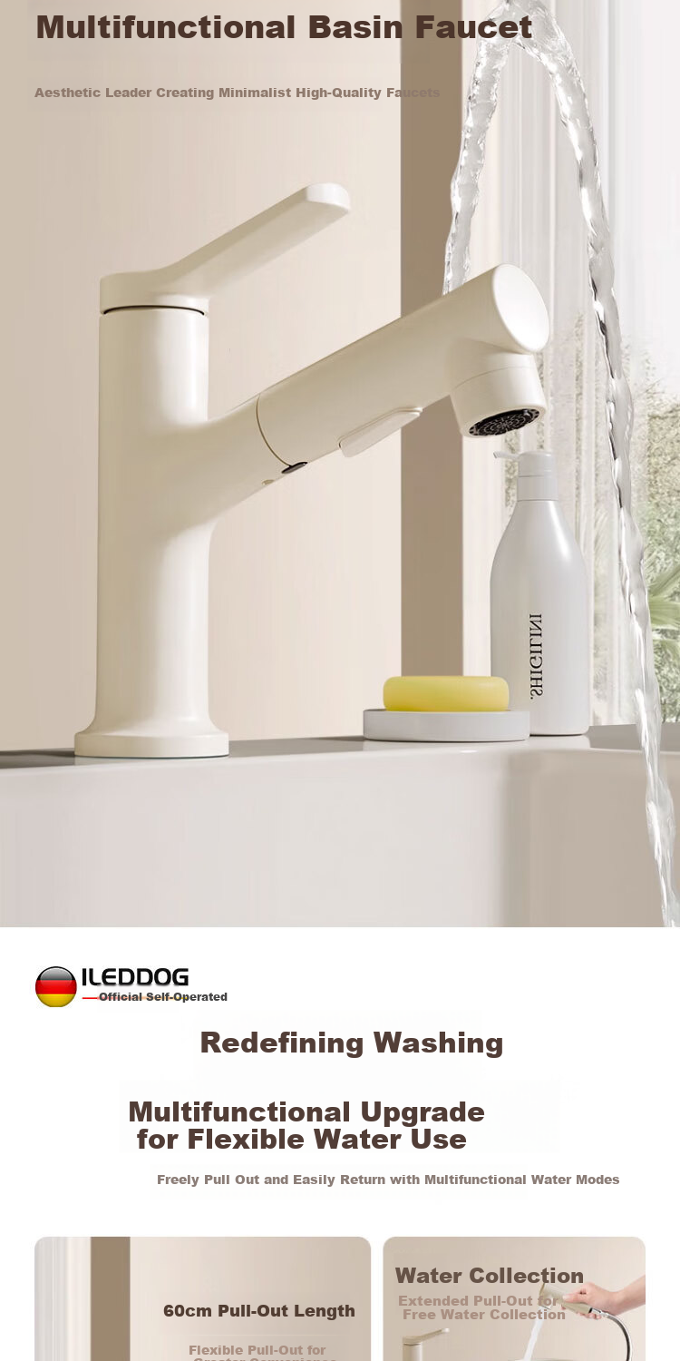ILeddog [Germany] All-Copper Body Pull-Out Basin Faucet for Washbasin, Bathroom Universal Swivel Faucet MPCL 4