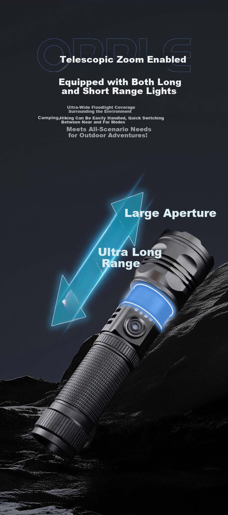 OPPLE LED High-Power Flashlight Zoomable Ultra-Bright Long-Range Laser Tactical Outdoor Cycling Military Portable Lamp 19W-18000K 43*156mm 4