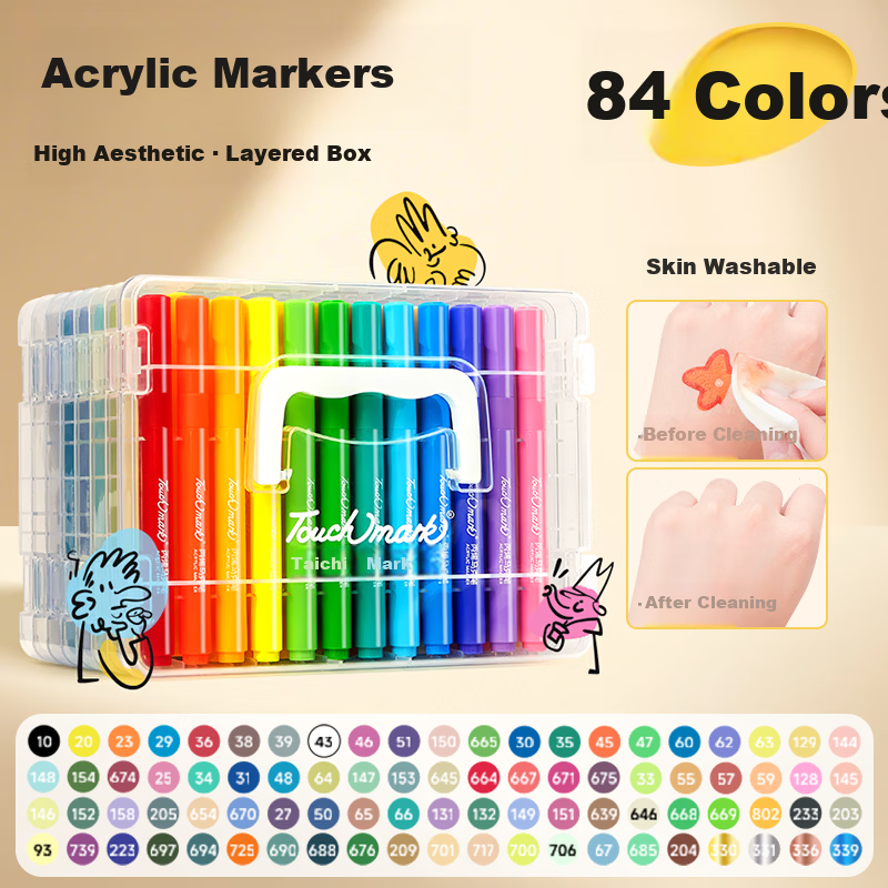 Touch Mark Acrylic Marker 84 Colors Children's Student Easy-Grip Round Watercolor Pen Waterproof Quick-Dry Fluorescent Marker Instant Photo Graffiti Hand-Painted Gouache Kids' Day Birthday Gift