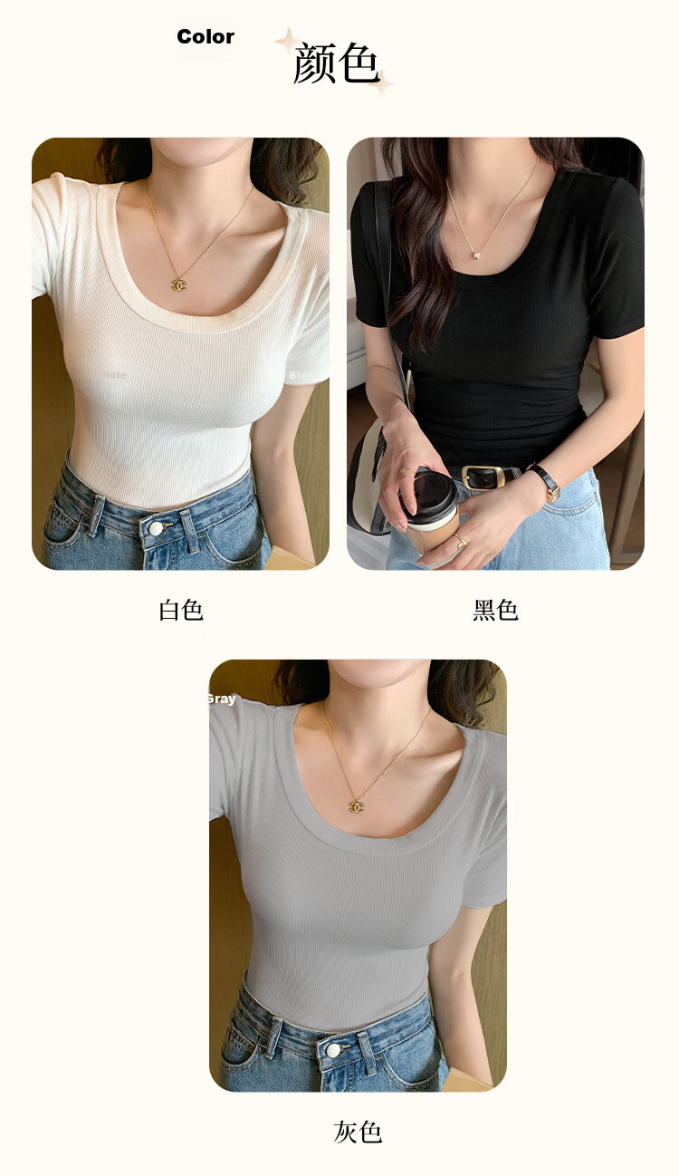 Langsha Women's Summer Ribbed Short Sleeve T-Shirt 2025 New Slim Fit Crew Neck Top Outerwear 6