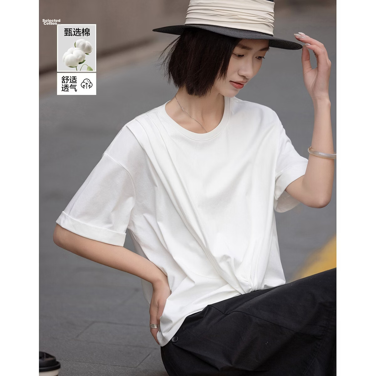 Demana [Cool Sorona] Summer Anti-Stick Cross Twist Loose Slim Fit Petite T-Shirt for Women Premium Feel