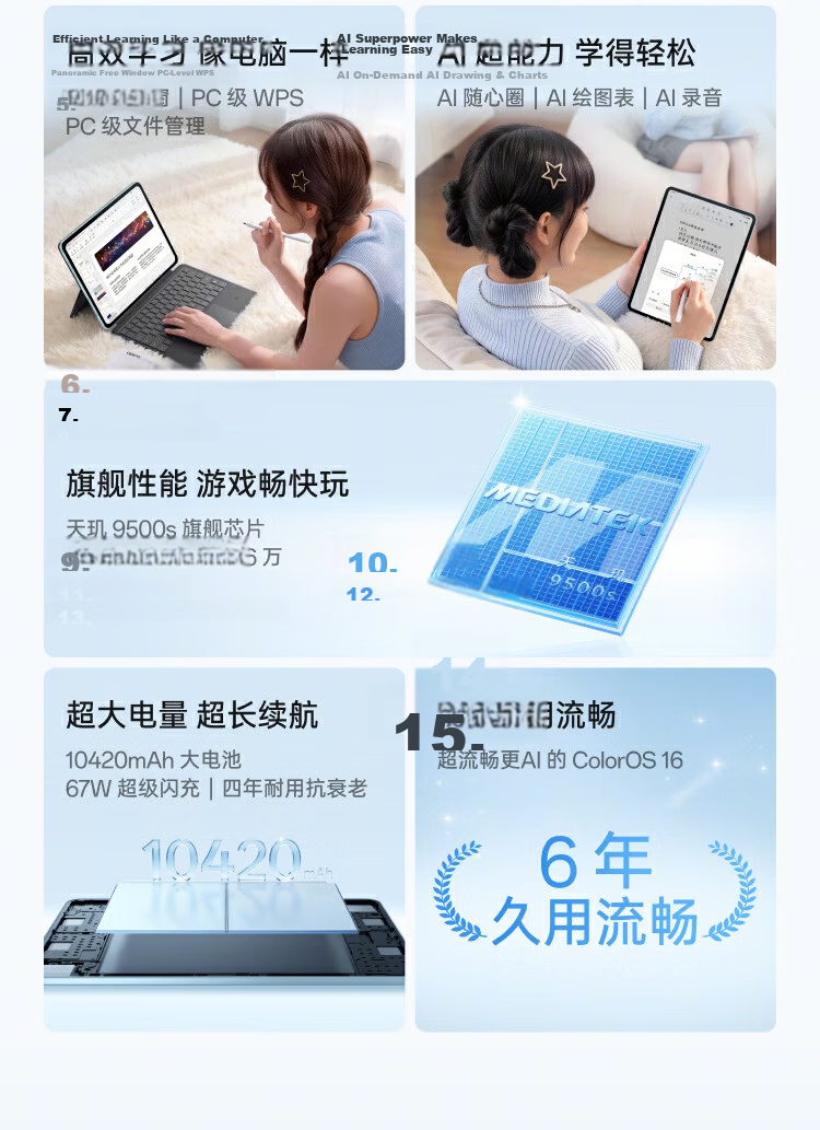 OPPO Pad 6 National Subsidy 12.1-inch Tablet Dimensity 9500s Flagship Chip 12GB+256GB Starlight Blue Soft Light Edition Office Study Gaming Tablet 3