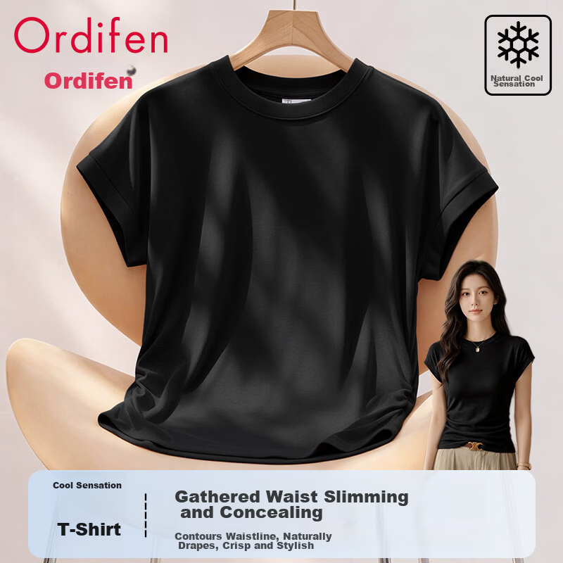 Audifine Women's Ruched Waist Slimming Short Sleeve T-Shirt Spring Summer Soft Loose Fit Half Sleeve Black M