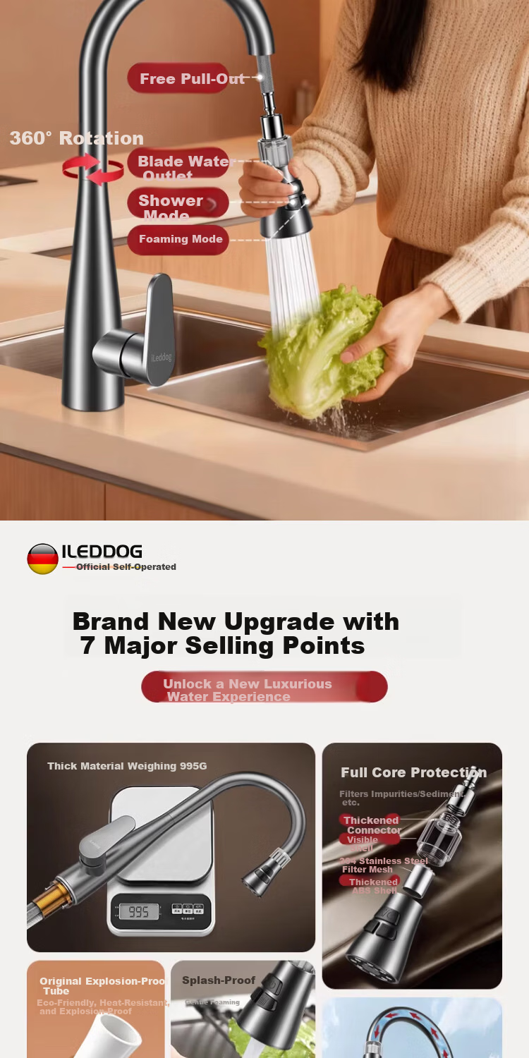 ILeddog [Germany] All-Copper Kitchen Sink Faucet with Hot and Cold Water, 2-in-1 Pull-Out Filter Faucet CPCL 4