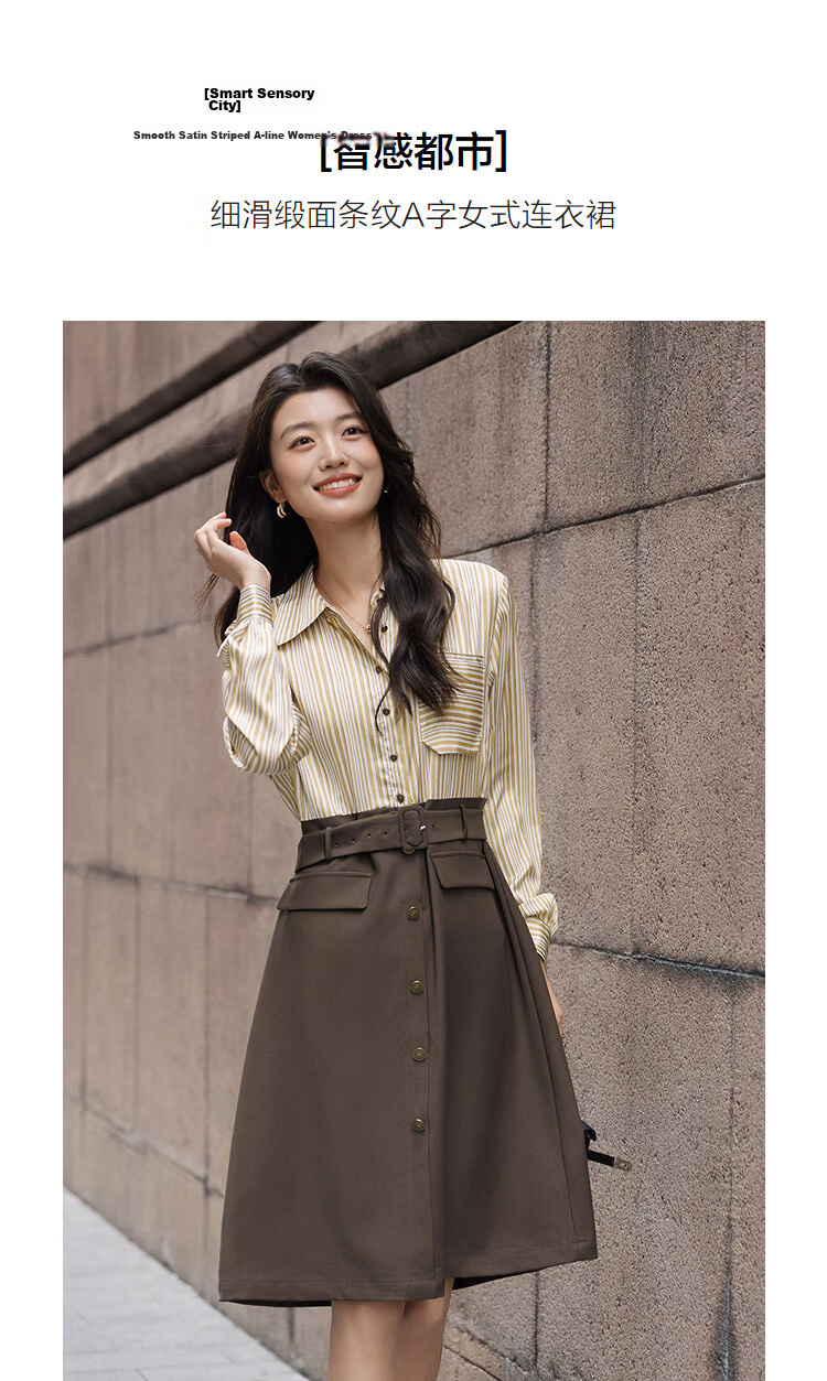 Demana [Smart Urban] Spring Satin Striped Faux Pocket Spliced A-Line Belted Petite Women's Dress 5