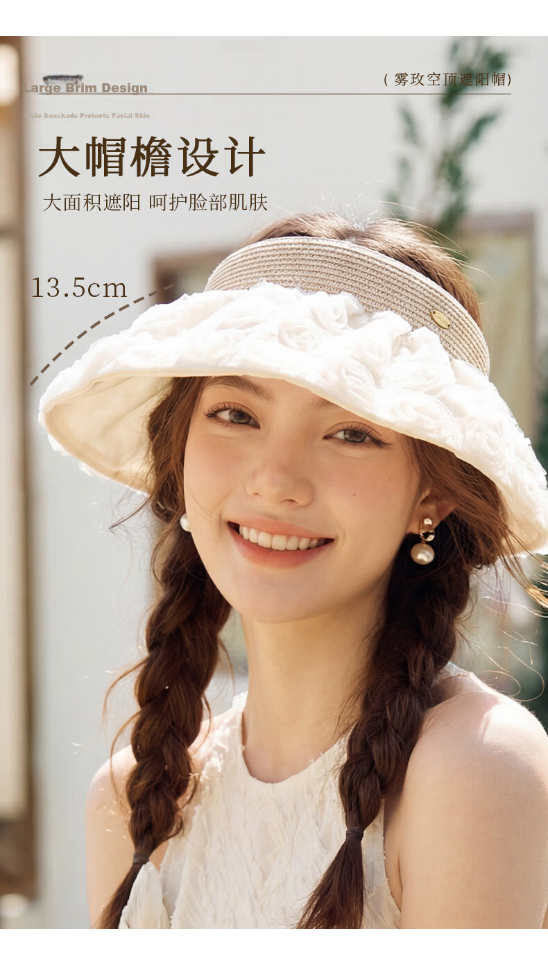 CACUSS Large Brim Shell Open-Top Hat for Women Summer Outdoor Face-Slimming Sun Hat Vacation Style White 3