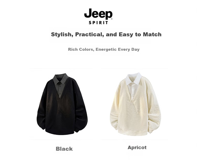 JEEP SPIRIT Men's Spring Casual Two-in-One Long Sleeve T-Shirt Shirt Collar Top Black 3XL 3