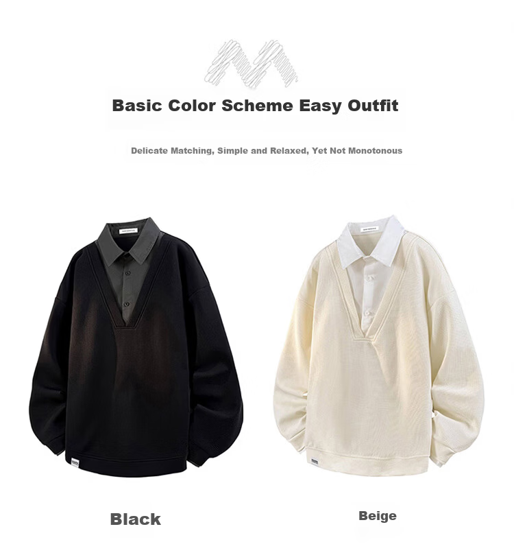 MARK FAIRWHALE Men's Sweatshirt Spring and Autumn Fake Two-Piece Trendy Polo Collar T-Shirt Hong Kong Style Loose Casual Sweatshirt Apricot 5XL 2