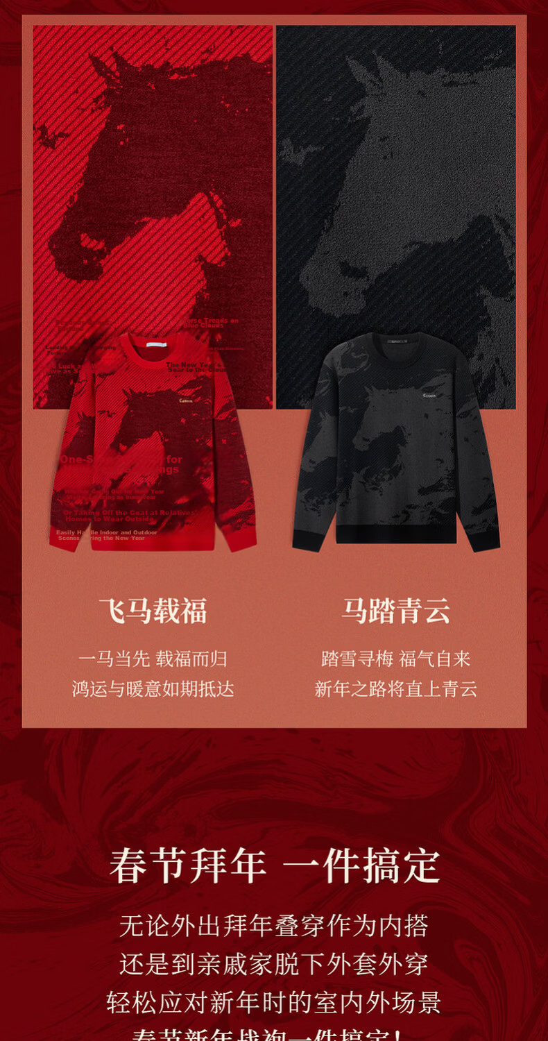 CABBEEN Year of the Horse Auspicious Totem Jacquard Heated Antibacterial Men's Sweater 2026 Spring Soft Wool Blend Long Sleeve Knitwear 5