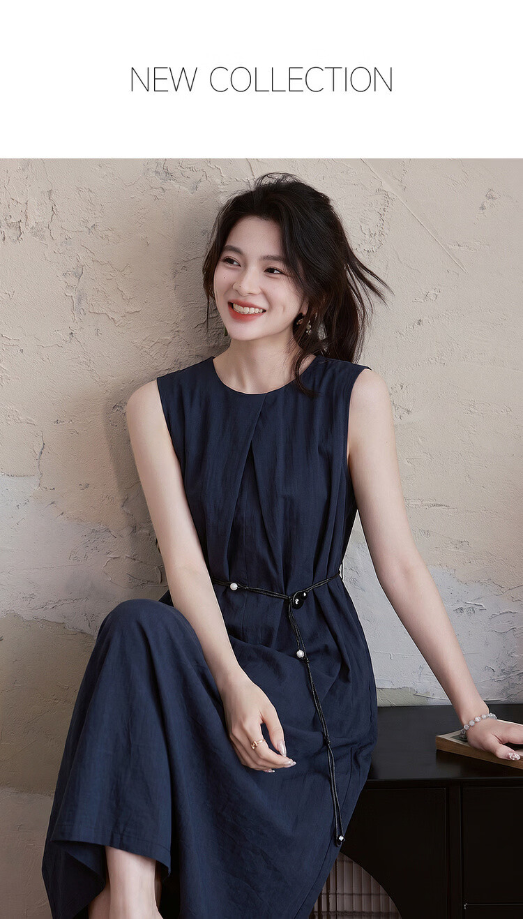 Demana Elegant Urban Summer Simple Cotton-Blend Stretch Round Neck Pleated Sleeveless Belted Dress for Women Premium Feel 1