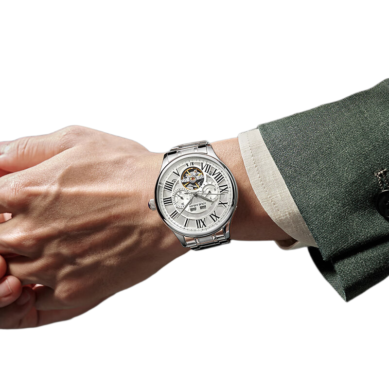 LOUIE JUELEN Men's Mechanical Watch, Student Fully Automatic Genuine Product, Skeleton Tourbillon, Business Style, Silver Case with White Dial And Steel Strap