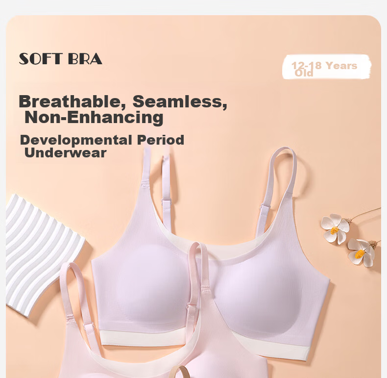 Meishianxuan Junior High School Girls Seamless Sports Bra Youth Development Anti-Shock Camisole Underwear for High School Girls Nude Pink Bra 1