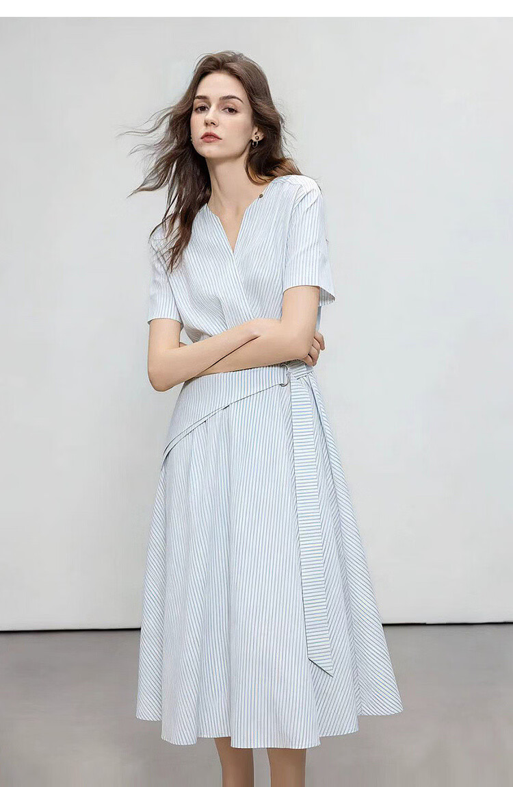 Demana Lightweight Cloud Oxygen Cotton Summer Simple Commuter V-Neck Striped Waist Belt Tie Waist A-Line Women's Dress 16