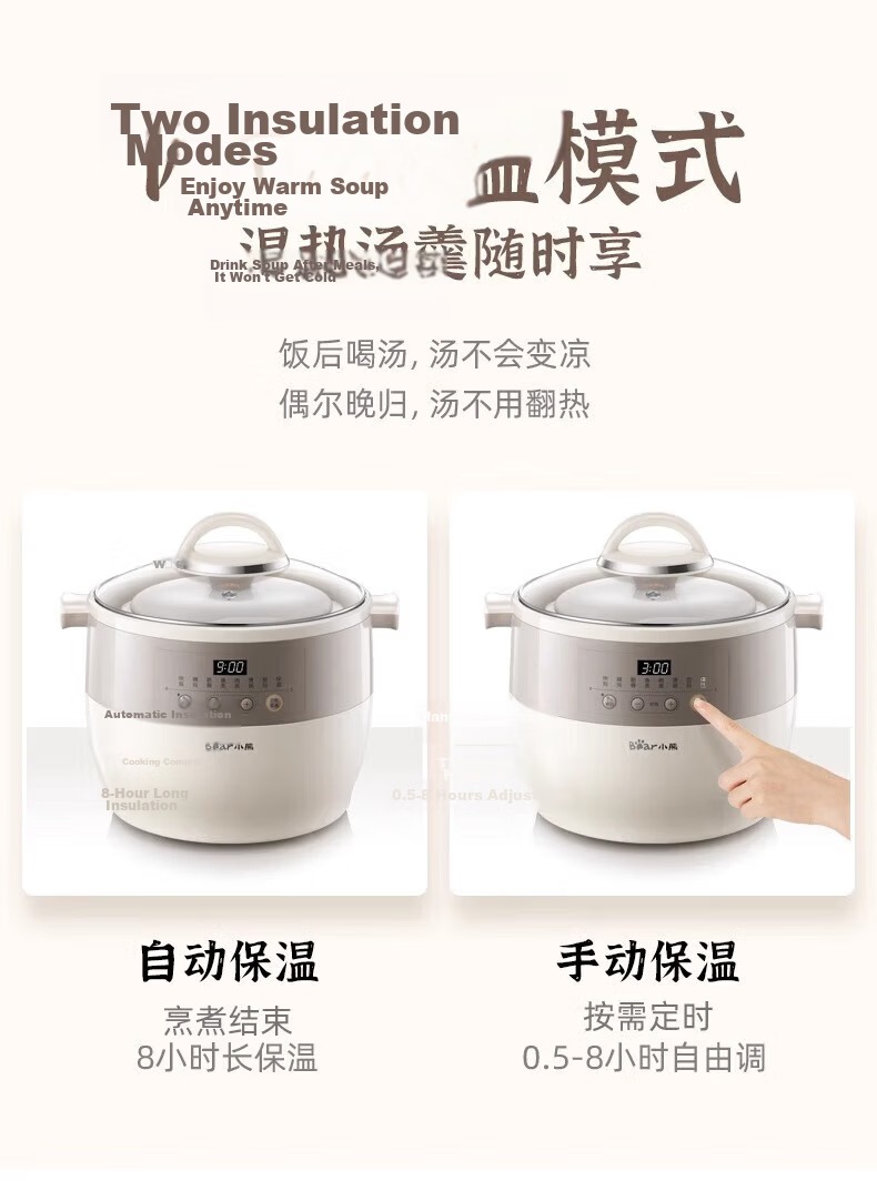 Bear Electric Ceramic Slow Cooker Large Capacity 3-5 People Stew Pot Soup Cooker White Porcelain Electric Stew Pot 19
