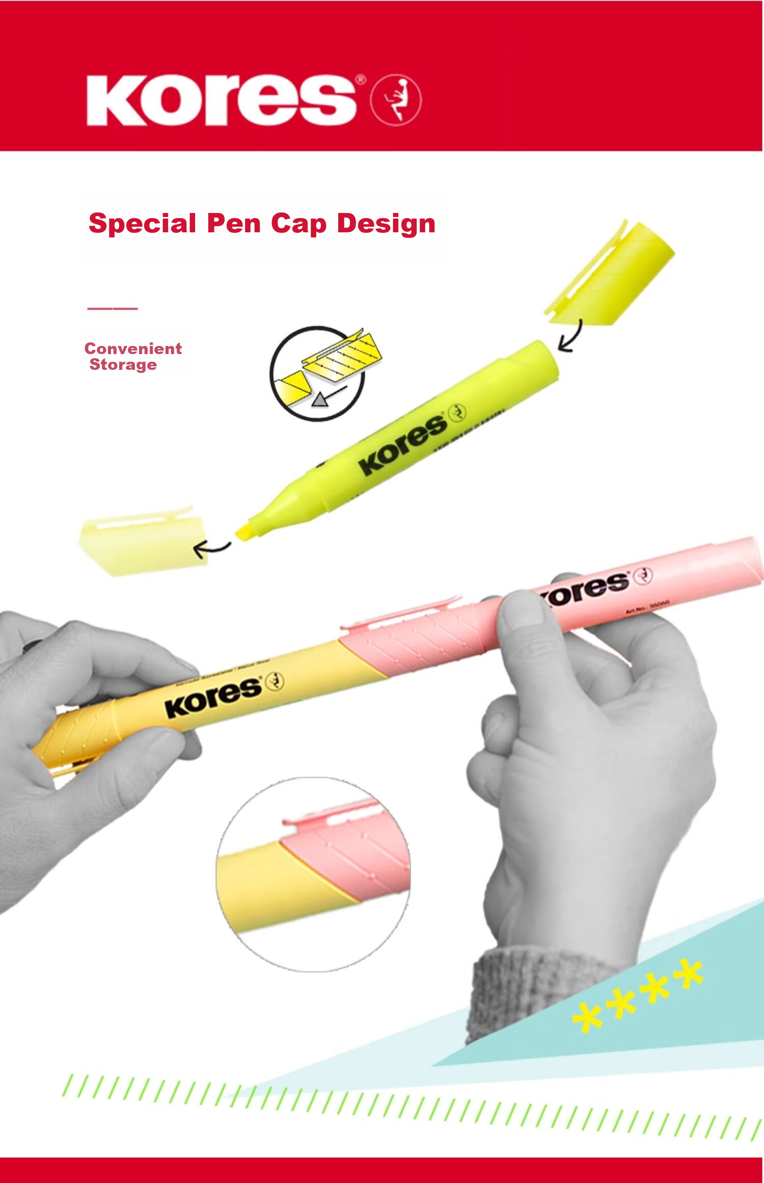 KORES Europe Kores Chisel Tip Highlighter Pen Student Colored Highlighting Marker Fluorescent Color Note-taking Opaque Large Capacity Marker Thick Barrel Yellow 4-Pack 8