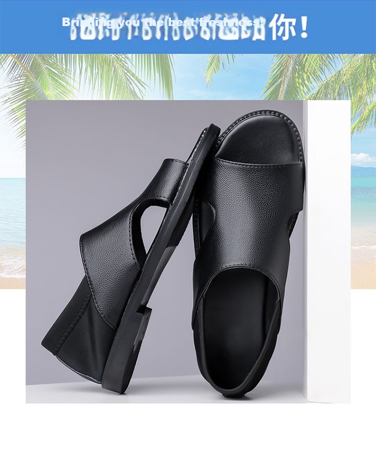 Jingzhenlianggong Men's Summer Sandals Dual-use Slippers Non-slip Soft Sole Beach Shoes Black [Leather Texture] Size 38 5