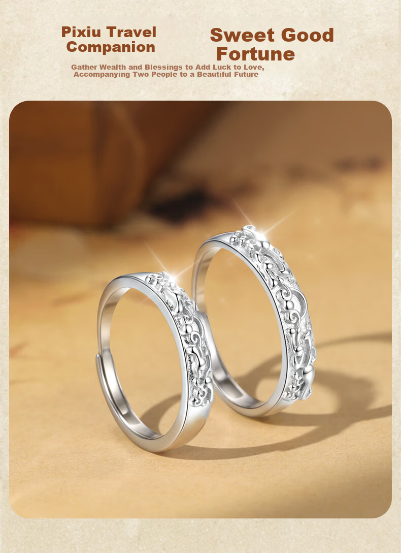 MANHE S999 Pure Silver Pixiu Couple Rings Set for Men and Women Engagement Wedding Diamond Rings Birthday Gift for Girlfriend 4