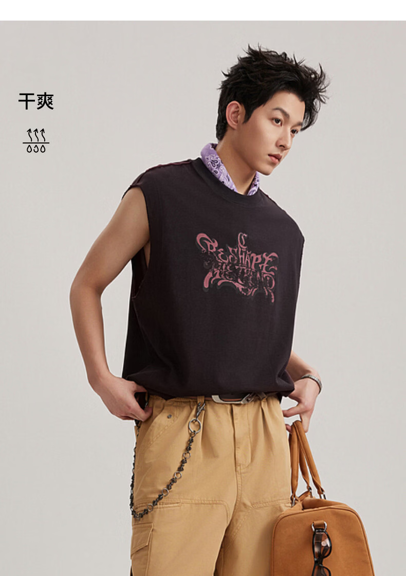 CABBEEN 100% Cotton Two-Tone Vest Men Wine Red Contrast Pioneer Graffiti Print Casual Summer 2026 Vest 15