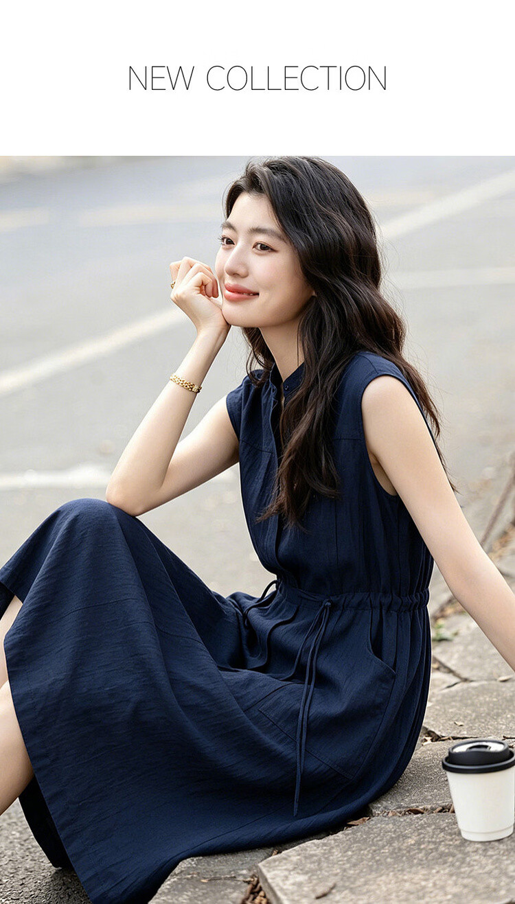 Demana [Accompanied by Elegance] Summer Simple Style Half-Placket Round Neck Drawstring Loose Mid-Length Dress for Women 1