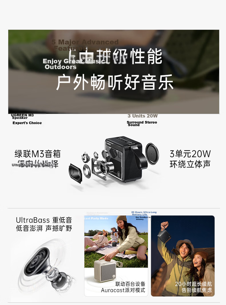 UGREEN M3 Bluetooth Speaker【New Release】20W High Power Outdoor Camping Portable Waterproof Bass Wireless Bluetooth Ambient Light HiFi Stereo Surround Sound 6