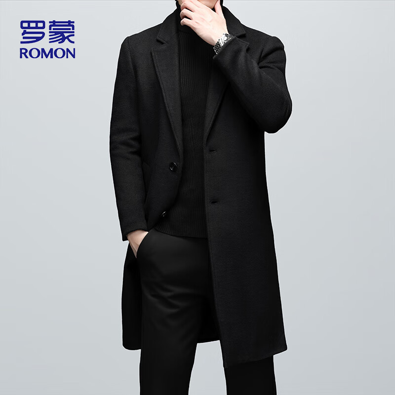 ROMON Autumn Winter Woolen Coat Business Casual Trendy Men's Trench Coat 1930 Black XL