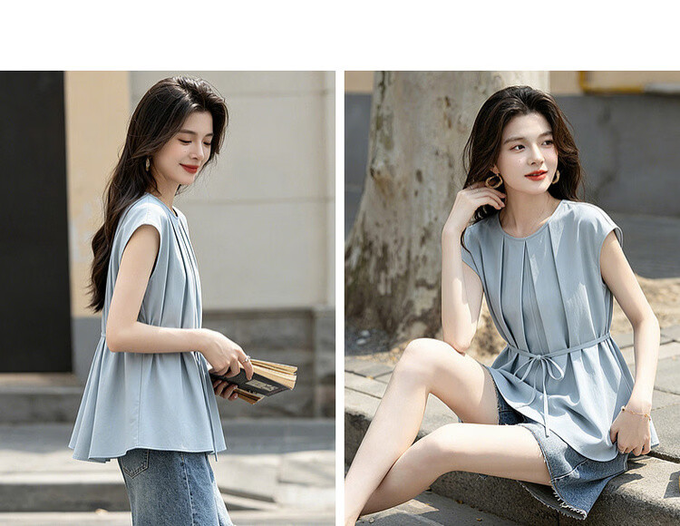 Demana Sun Protection Quick-Dry Sorona Summer Simple Style Pleated Round Neck Cap Sleeve Self-Fabric Belt Shirt for Women Premium Feel 11